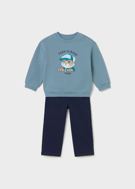 Completo bambino Mayoral con felpa azzurra con tigre e pantalone blu