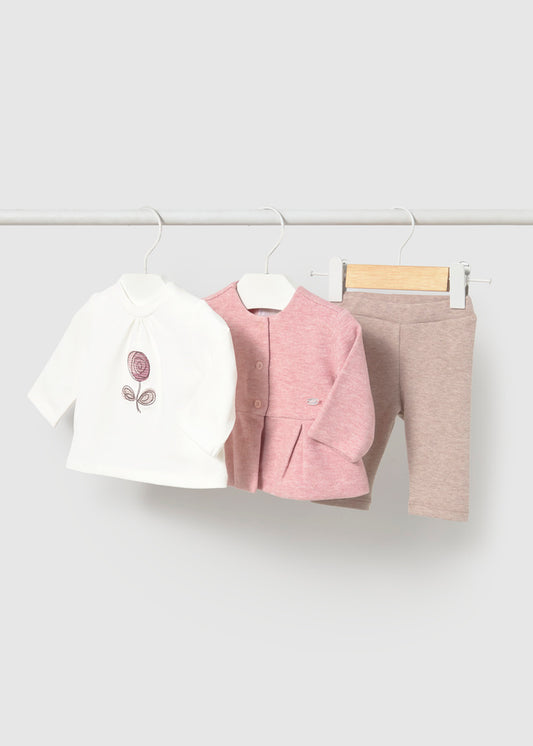 Completo neonata Mayoral Newborn 3 pezzi con maglietta, giacchino e leggings