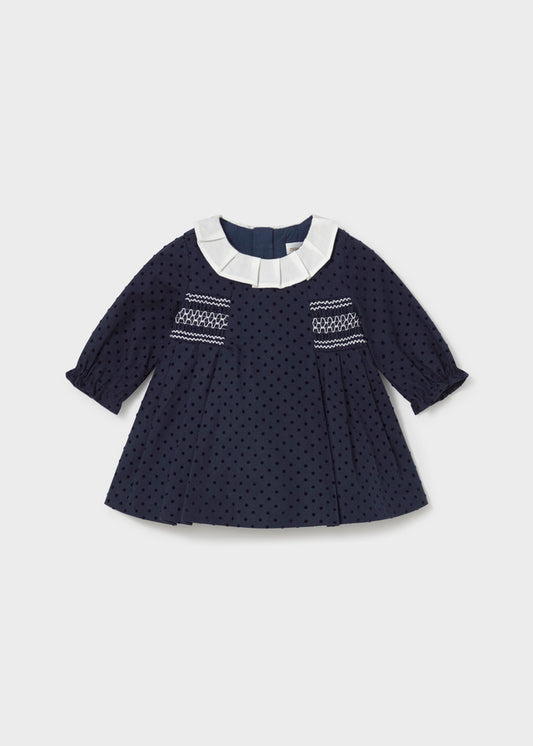 Vestito neonata Mayoral Newborn blu a pois con colletto bianco arricciato