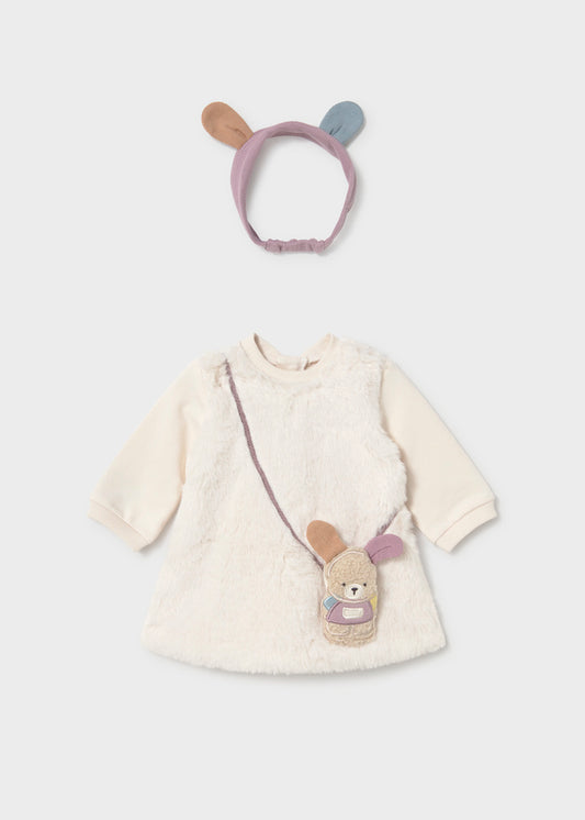 Vestito neonata Mayoral Newborn panna effetto teddy con borsetta e cerchietto