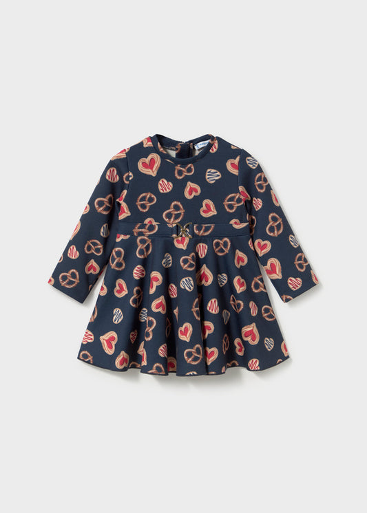 Vestito bambina Mayoral blu con stampa di cuori e brezel, fronte