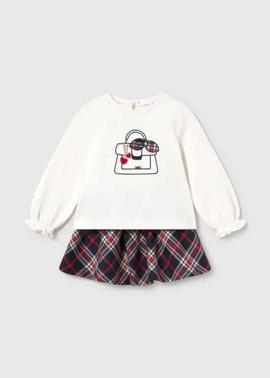 Completo bambina Mayoral con felpa panna stampata e gonna scozzese