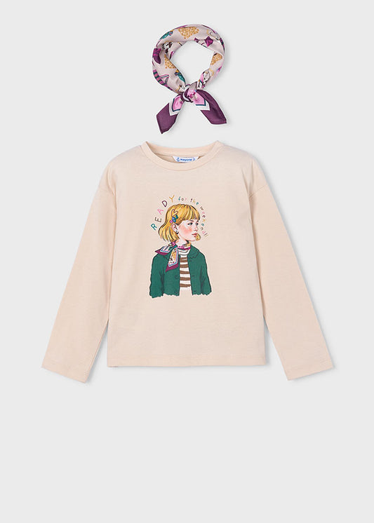 Maglietta bambina Mayoral color tofu con stampa e foulard