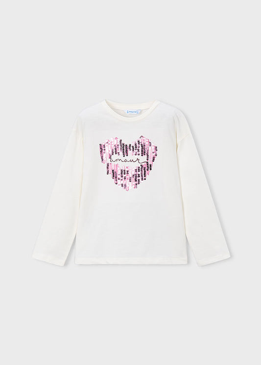 Maglietta bambina Mayoral ecrù con cuore in paillettes