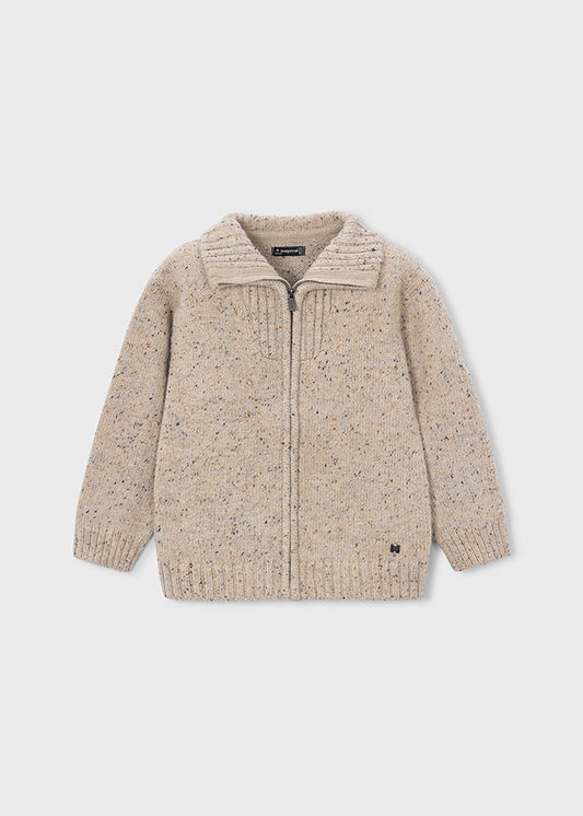 Cardigan bambino Mayoral melange beige con zip e collo alto