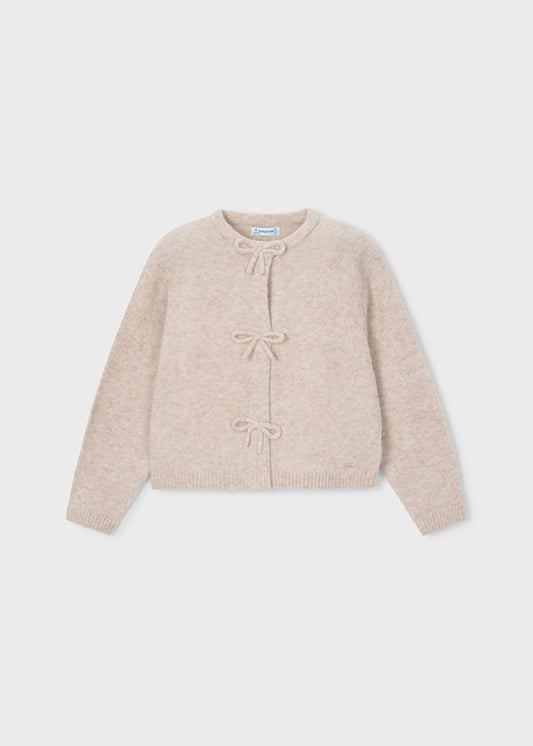 Cardigan bambina Mayoral color semi con chiusura a fiocchi