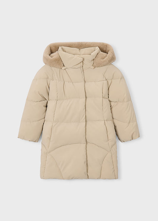 Parka lungo bambina Mayoral imbottito color arachide con cappuccio