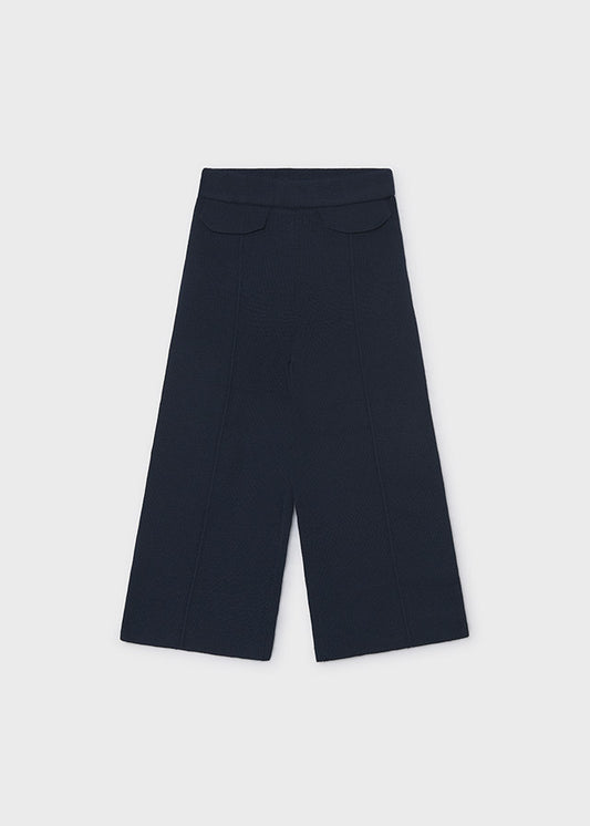 Pantalone bambina Mayoral blu marino in maglia a gamba ampia, fronte