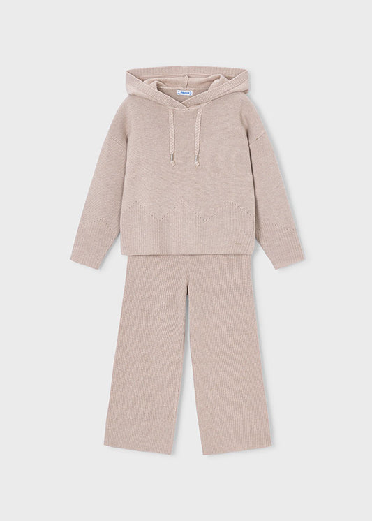 Completo bambina Mayoral in maglia con maglione con cappuccio e pantalone
