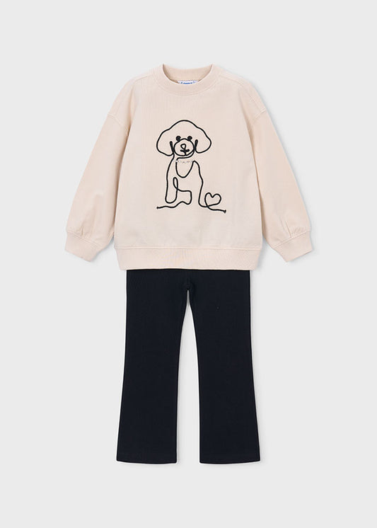 Completo bambina Mayoral con felpa panna con cagnolino e leggings neri a zampa