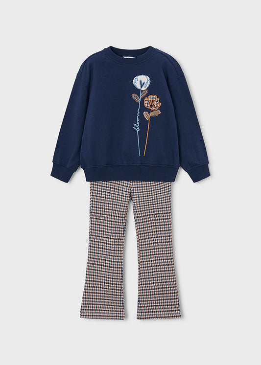 Completo bambina Mayoral con felpa blu marino a fiori e leggings pied-de-poule