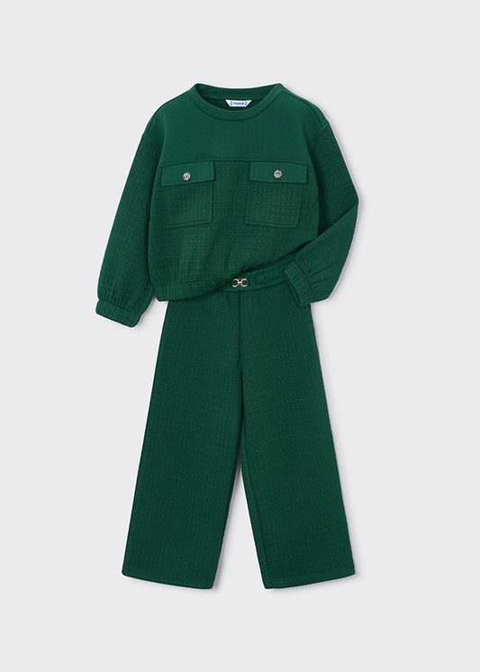Tuta bambina Mayoral matelassé verde bottiglia con felpa e pantalone ampio