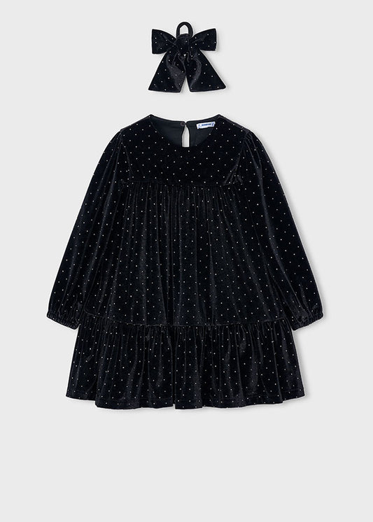 Vestito bambina Mayoral in velluto nero con fiocco per capelli