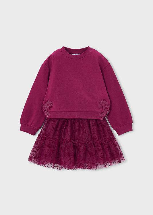 Completo bambina Mayoral color lampone con felpa e gonna in tulle a balze