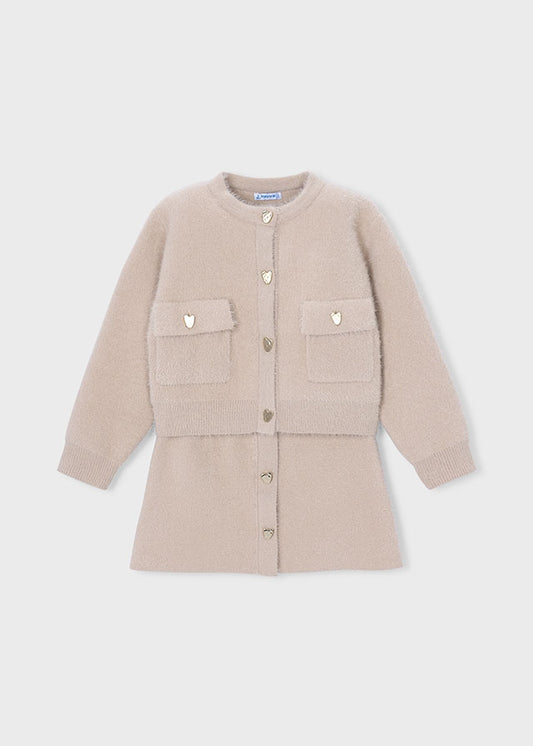 Completo bambina Mayoral color semi con cardigan e gonna in maglia effetto pelo