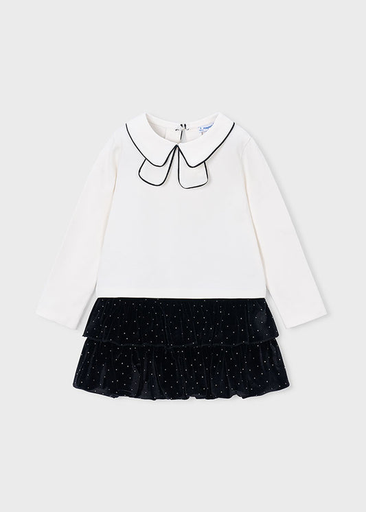 Completo bambina Mayoral con maglia bianca a colletto e gonna nera a balze