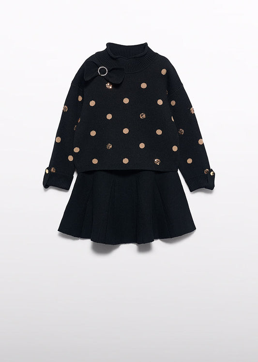 Completo bambina Abel & Lula nero con maglione a pois e gonna svasata
