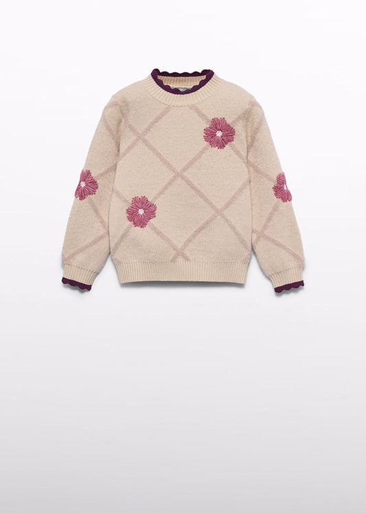 Maglione bambina Abel & Lula color avena a rombi con fiori ricamati