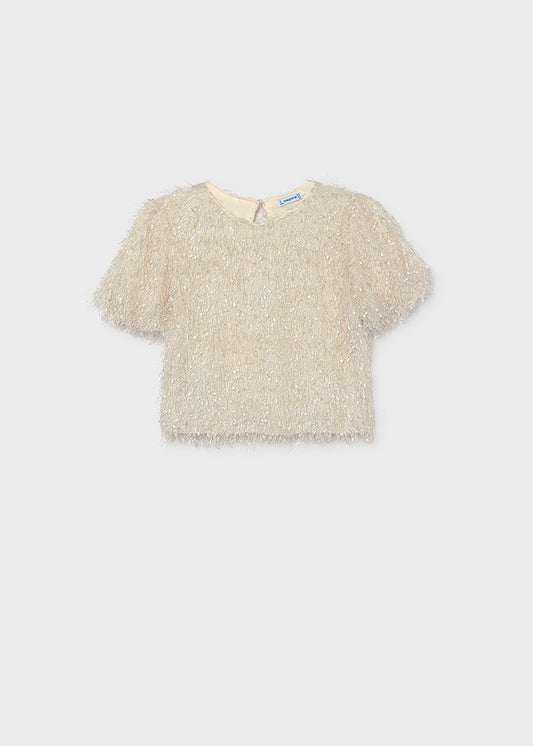 Top ragazza Mayoral color avena effetto frange, fronte