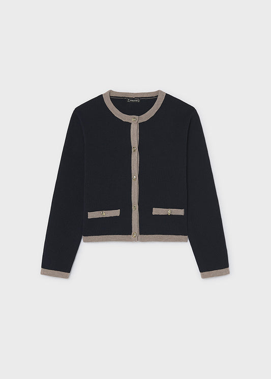 Cardigan blu notte con bordi beige del completo ragazza Mayoral