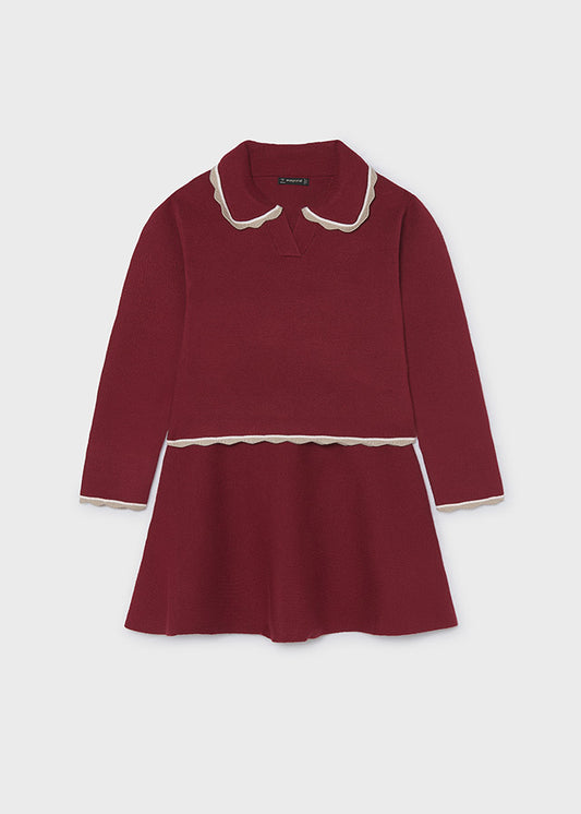 Completo bambina Mayoral in tricot color granata con colletto e gonna svasata