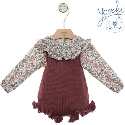 Pagliaccetto neonata Yoedu in lana vino con camicia a fiori, fronte