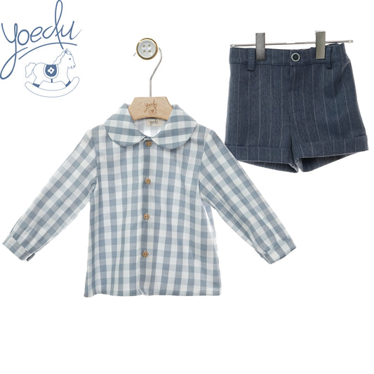 Completo bambino Yoedu con camicia a quadretti e pantaloncino gessato, fronte