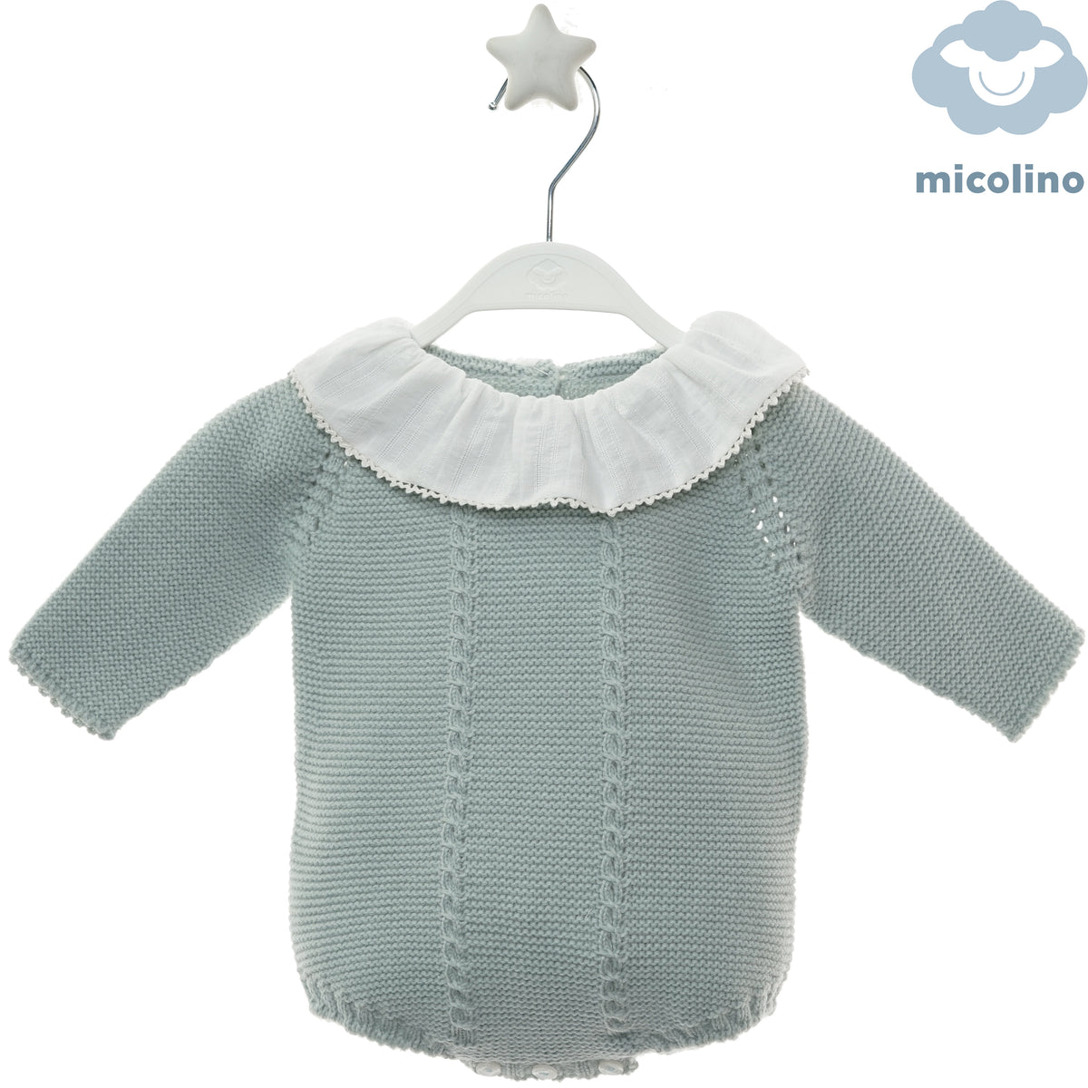 Body neonata Micolino in lana verde salvia con colletto arricciato, fronte