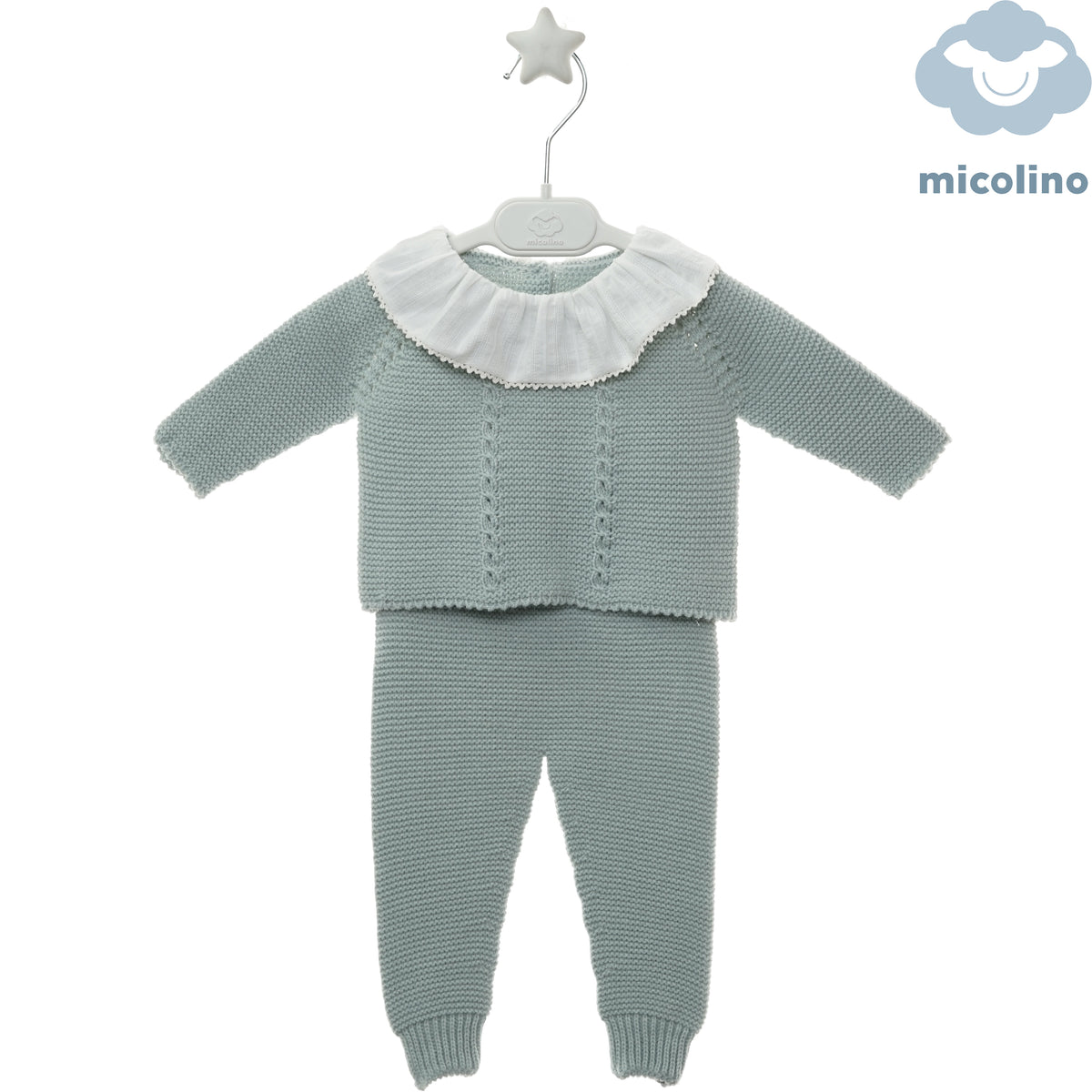 Completo neonata Micolino in maglia verde salvia con colletto arricciato, fronte