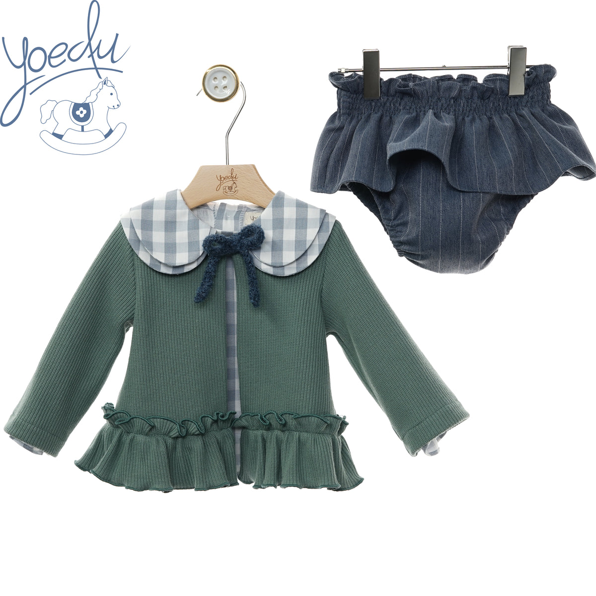 Completo bambina Yoedu con giacchino verde e culotte gessata, fronte