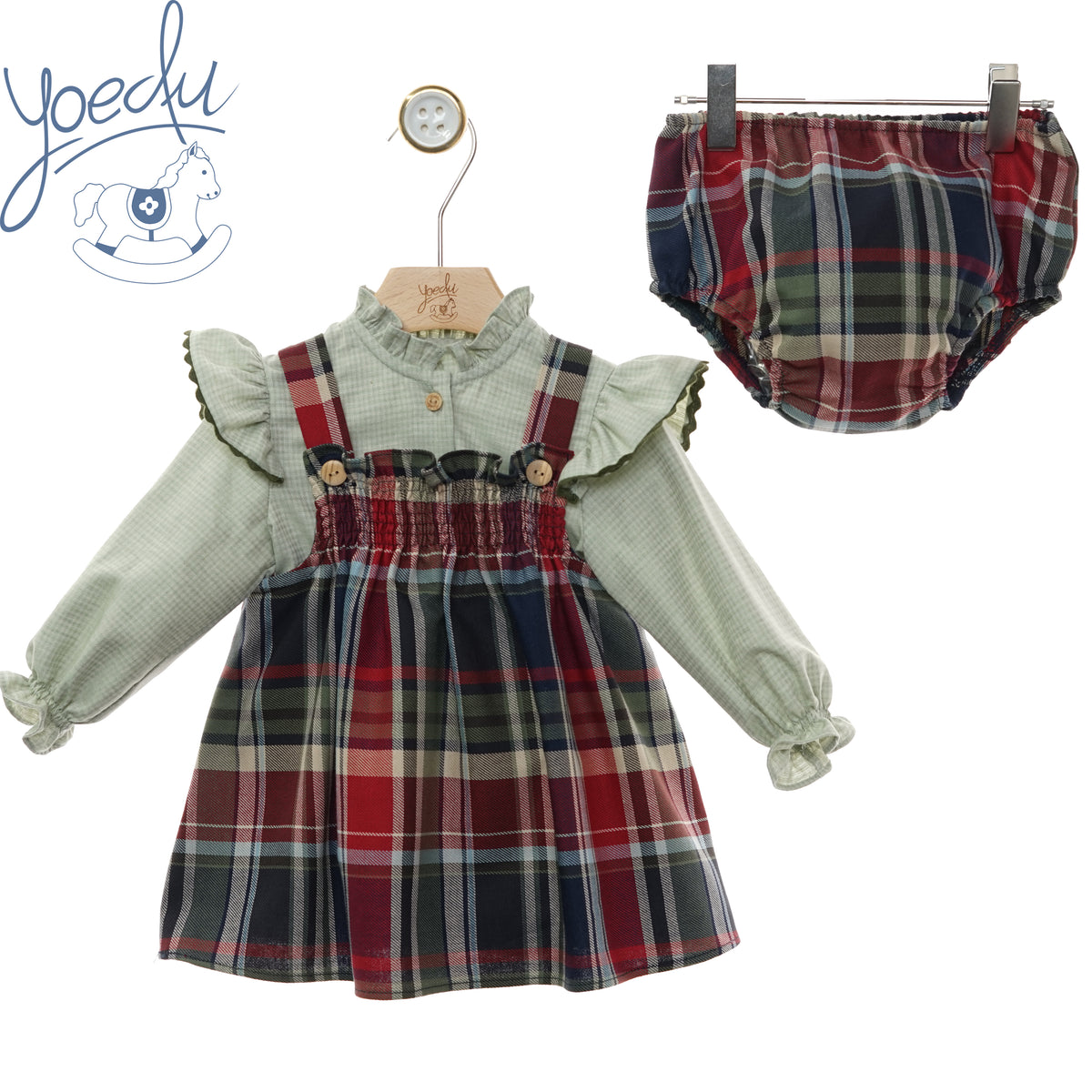 Scamiciato bambina Yoedu scozzese con camicia verde e culotte, fronte