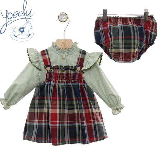 Scamiciato bambina Yoedu scozzese con camicia verde e culotte, fronte