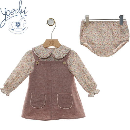 Scamiciato bambina Yoedu rosa antico con camicia a fiori e culotte, fronte