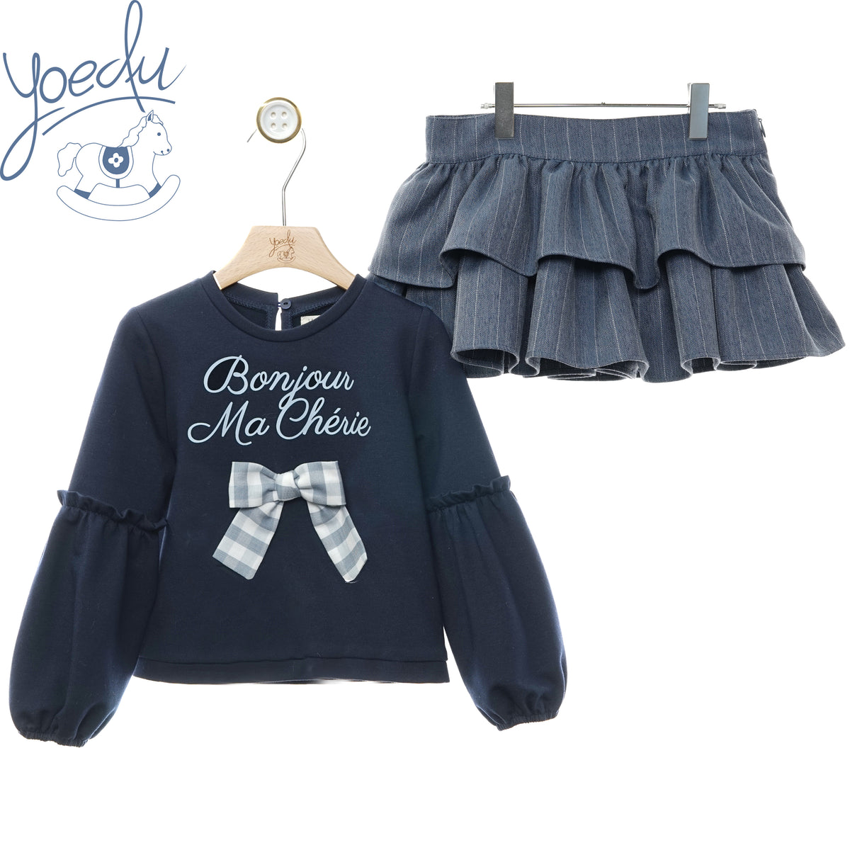 Completo bambina Yoedu con felpa blu Bonjour Ma Chérie e gonna a balze, fronte
