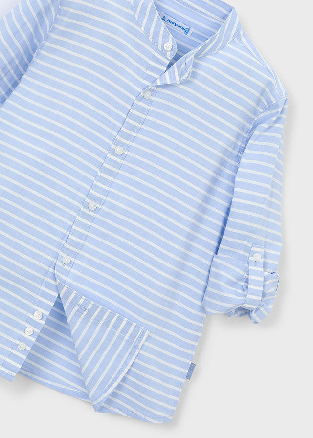 Striped long-sleeve mandarin collar shirt