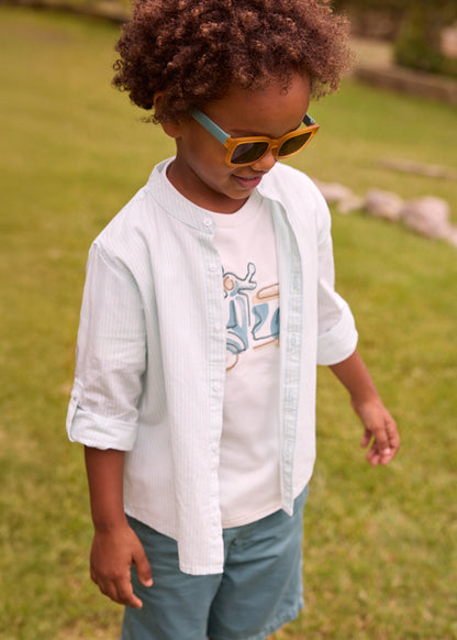Striped long-sleeve mandarin collar shirt