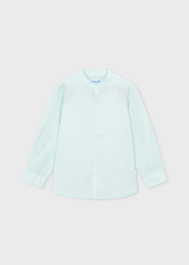 Striped long-sleeve mandarin collar shirt