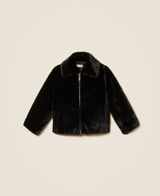 Bomber ragazza Twinset nero effetto pelliccia con colletto