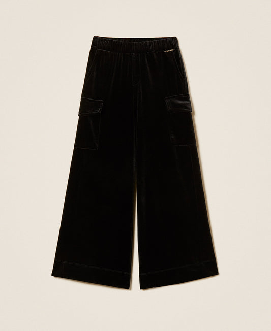 Pantalone ragazza Twinset nero in ciniglia con tasconi laterali, fronte