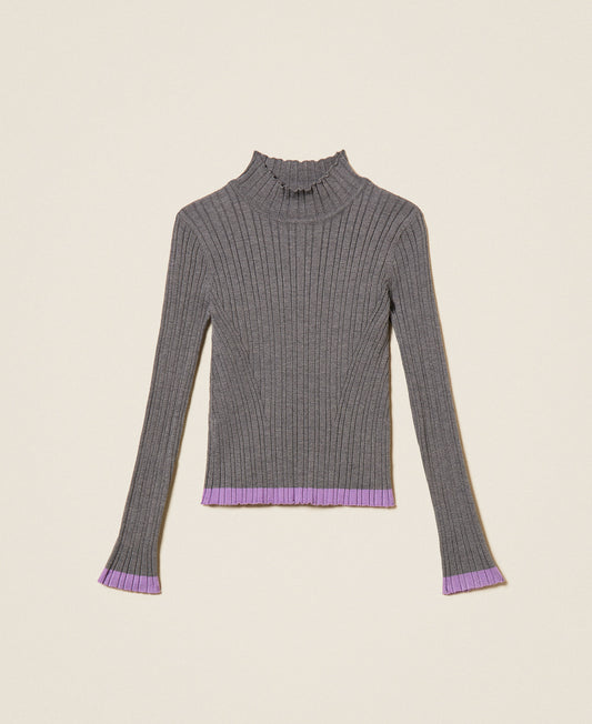 Lupetto ragazza Twinset grigio a coste con bordi lilla