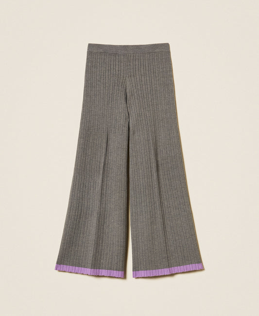 Pantalone ragazza Twinset in maglia a coste grigia con bordo lilla