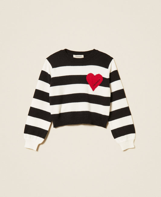 Maglia ragazza Twinset a righe nere e bianche con cuore rosso