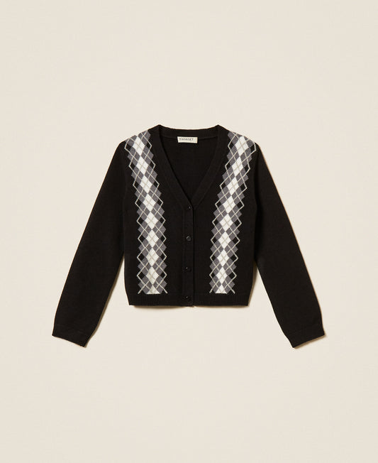 Cardigan ragazza Twinset nero con rombi grigi e bianchi