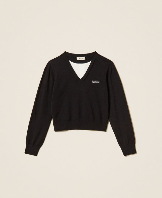 Maglia ragazza Twinset nera con scollo a V e inserto bianco