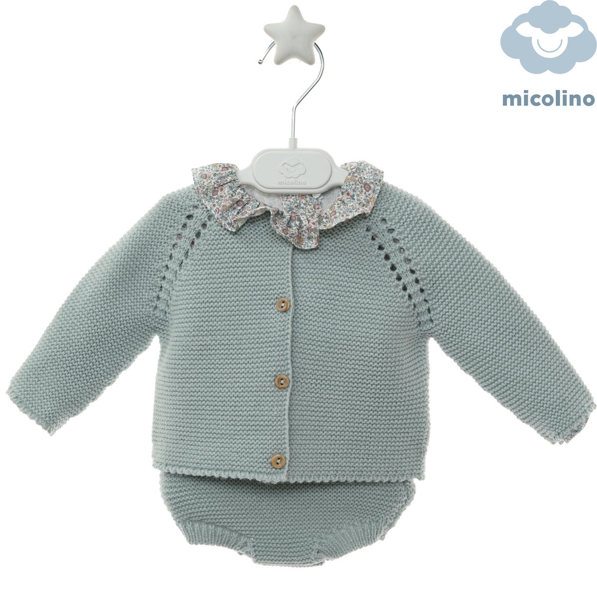 Completo neonata Micolino con giacchino verde salvia e culotte, fronte