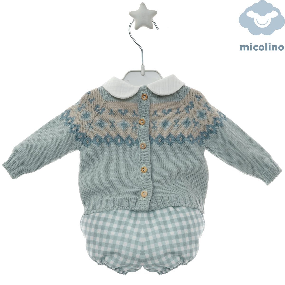 Retro del completo neonato Micolino con bottoni sul maglioncino
