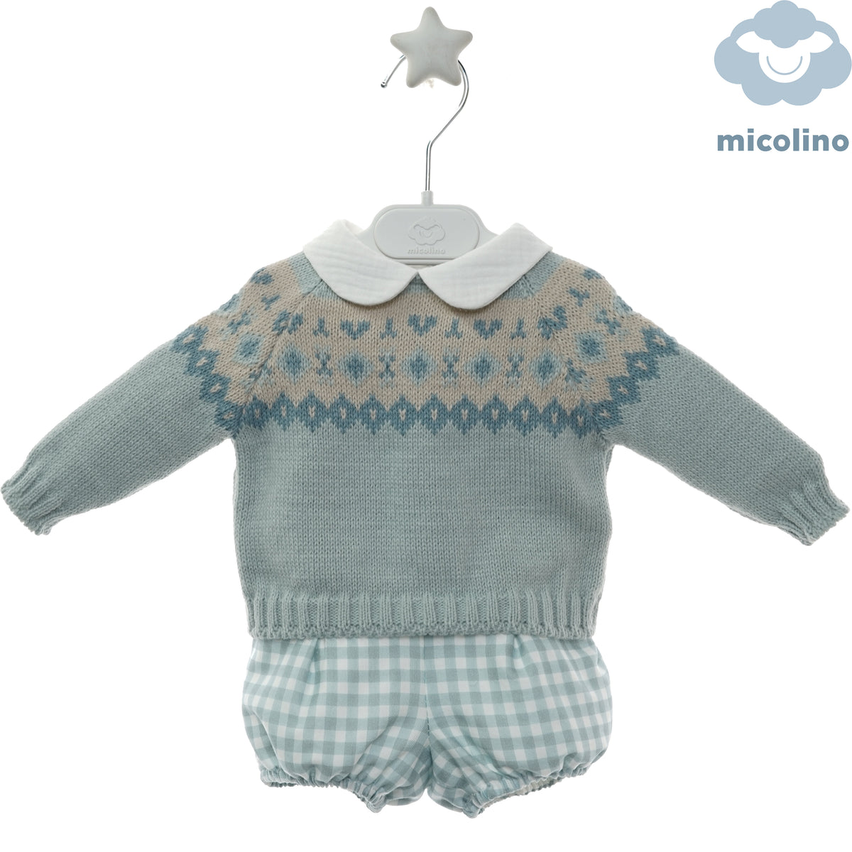 Completo neonato Micolino con maglioncino jacquard verde e culotte a quadretti, fronte
