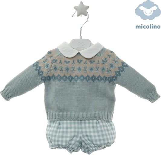 Completo neonato Micolino con maglioncino jacquard verde e culotte a quadretti, fronte