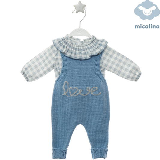 Tutina neonata Micolino in maglia con scritta love e camicia a quadretti, fronte
