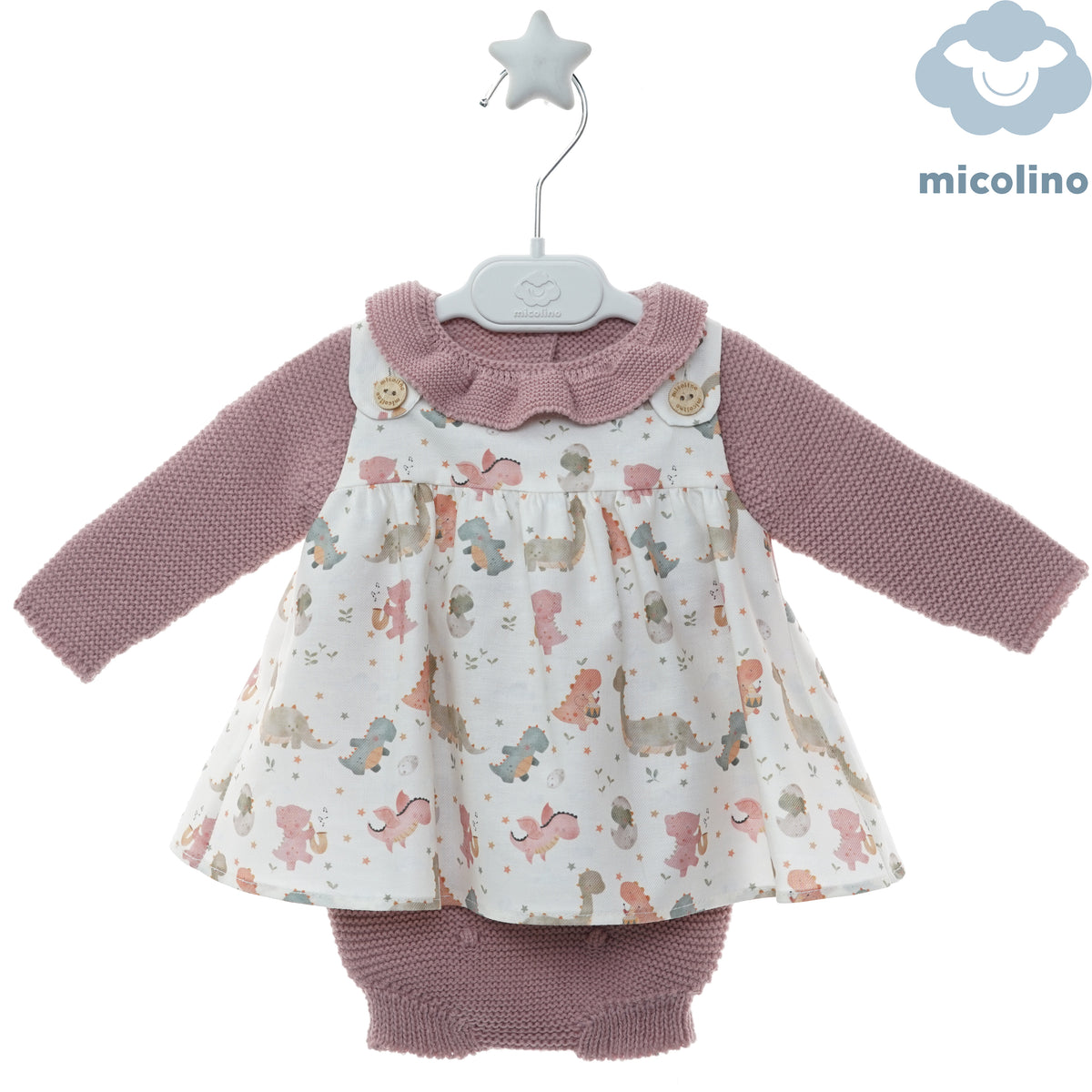 Completo neonata Micolino con scamiciato a dinosauri e maglioncino rosa, fronte